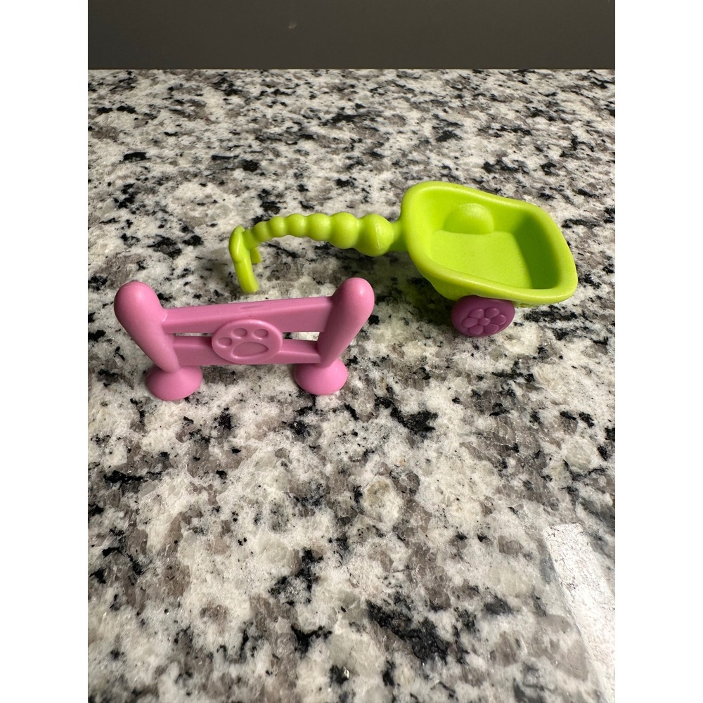 Littlest Pet Shop Pink Fence and Green Wheelbarrow Toy Accessories